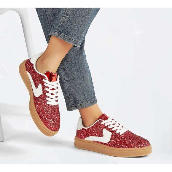 Lucky Step Women Red Casual Sparkly Bling Shiny Dressy Bedazzled Bridal Sneakers - Picture 7 of 9